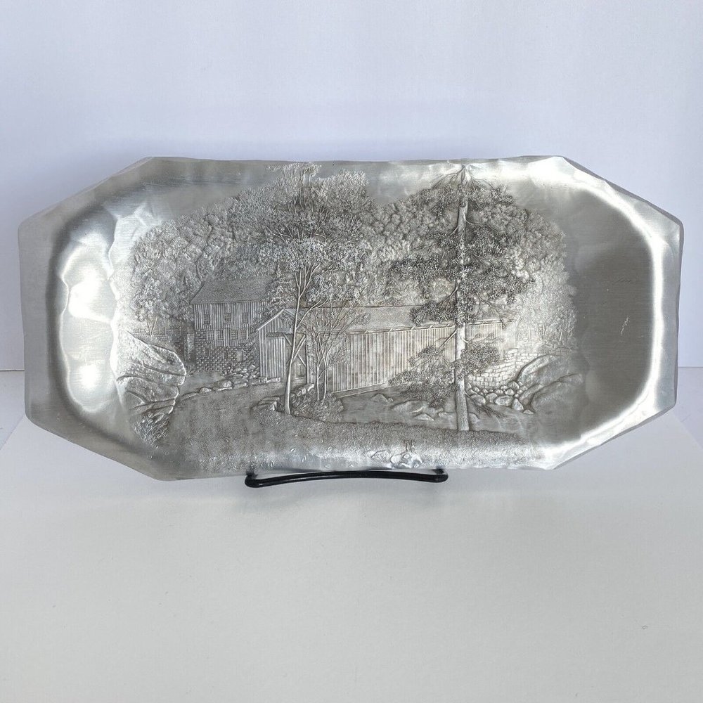 1998 Wendell August Forge 75th Anniversary Covered Bridge Scene Aluminum Tray